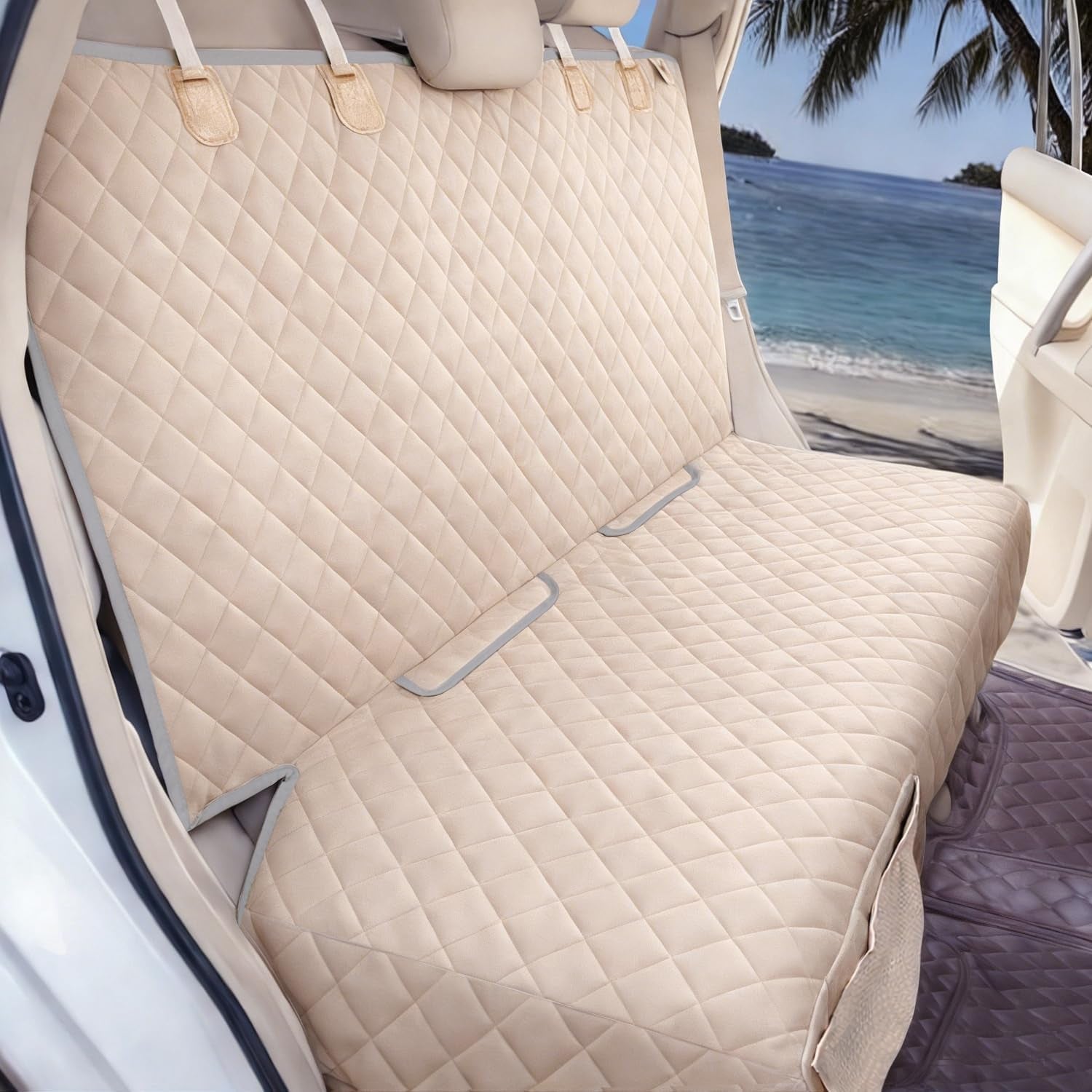Dog Car Seat Cover for Back Seat Waterproof Backseat Protector, Nonslip Rear Seat Cover for Kids,Universal Size Fits Cars Trucks Suvs (Beige)
