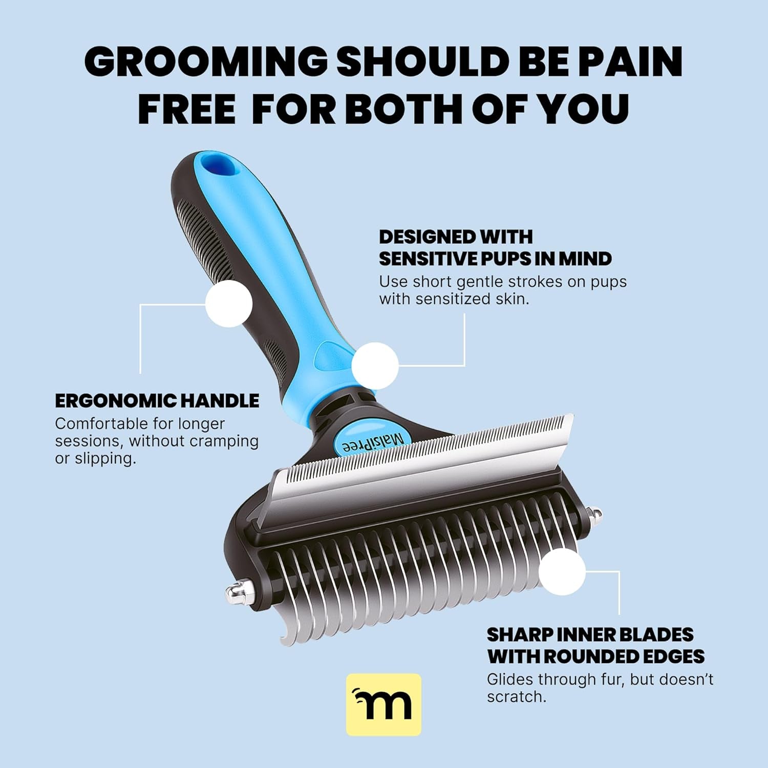 Dog Grooming Brush for Shedding - 2 in 1 Deshedding Tool and Undercoat Rake for Long and Short Haired Dogs with Double Coat - Dematting Comb and Pet Hair Deshedder Supplies (Large, Blue)